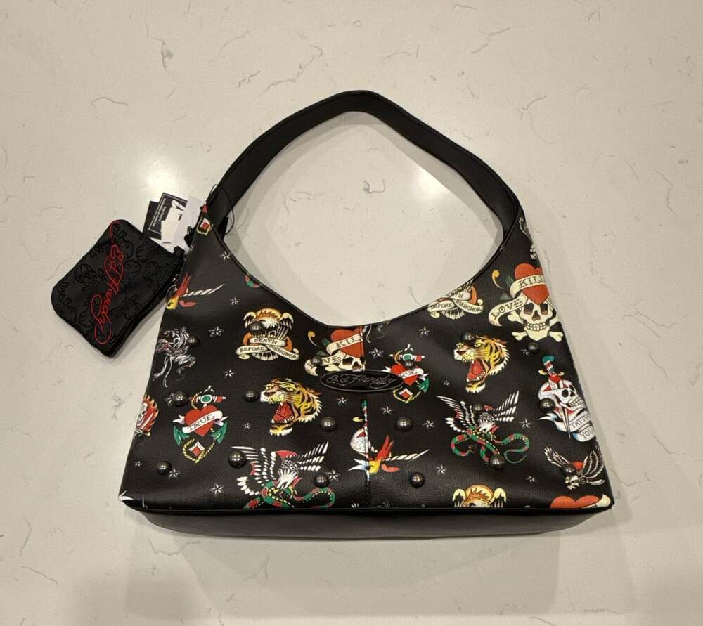 Ed Hardy Dalinda Black Studded Graphic Hobo Shoulder Bag with Pouch
